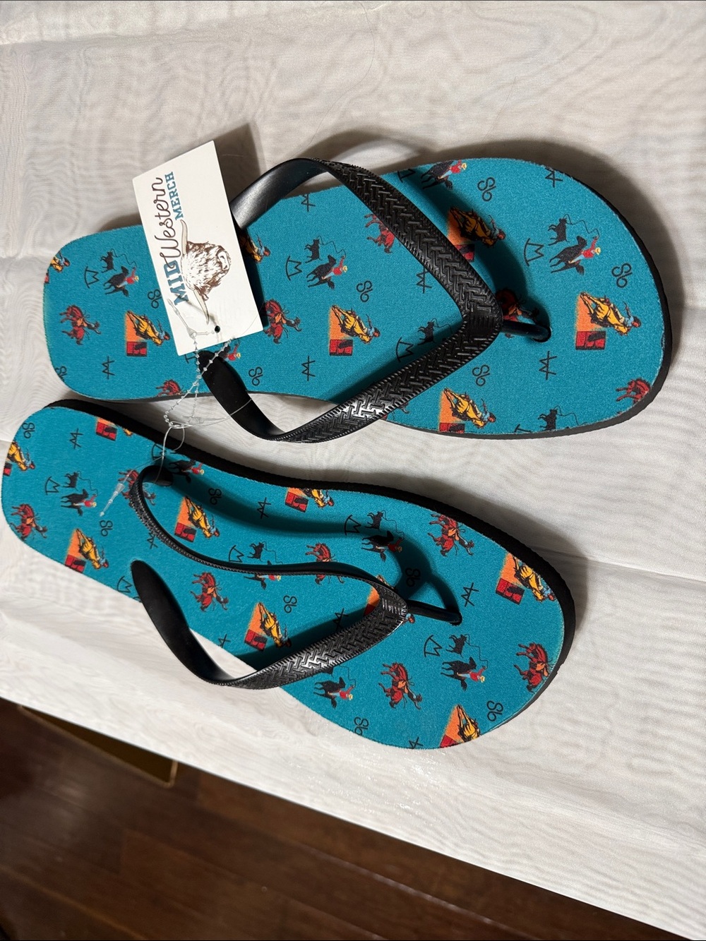Mid Western Aqua Printed Flip Flops with Black Straps. Men’s size 10
